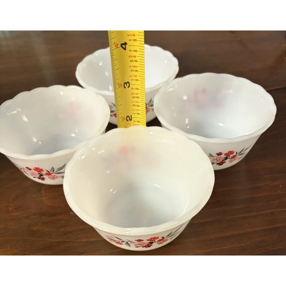 Vintage Fire King Primrose Custard Bowls Set of 4 Milk Glass Floral 1960s